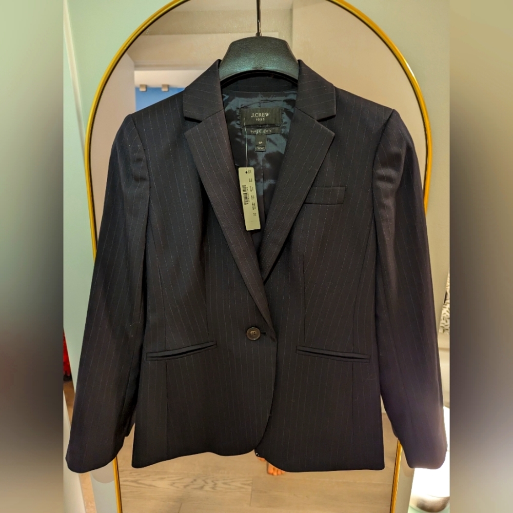 J Crew 1035 Single Button Blazer Jacket Super 120s 100% Merino Wool Pinstripe 0P